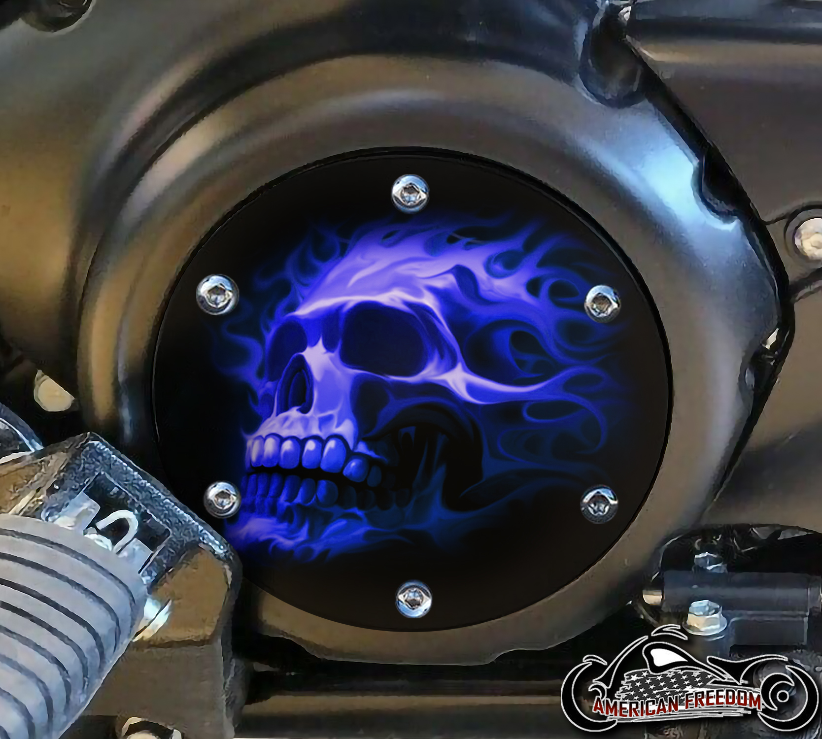 SUZUKI M109R Derby/Engine Cover - Blue Fire Skull